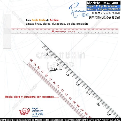 MA-T480 Regla “T” Fija De Acrílico Espesor 4MM de Sastrería Mét. y Pul. (80CM/32”)